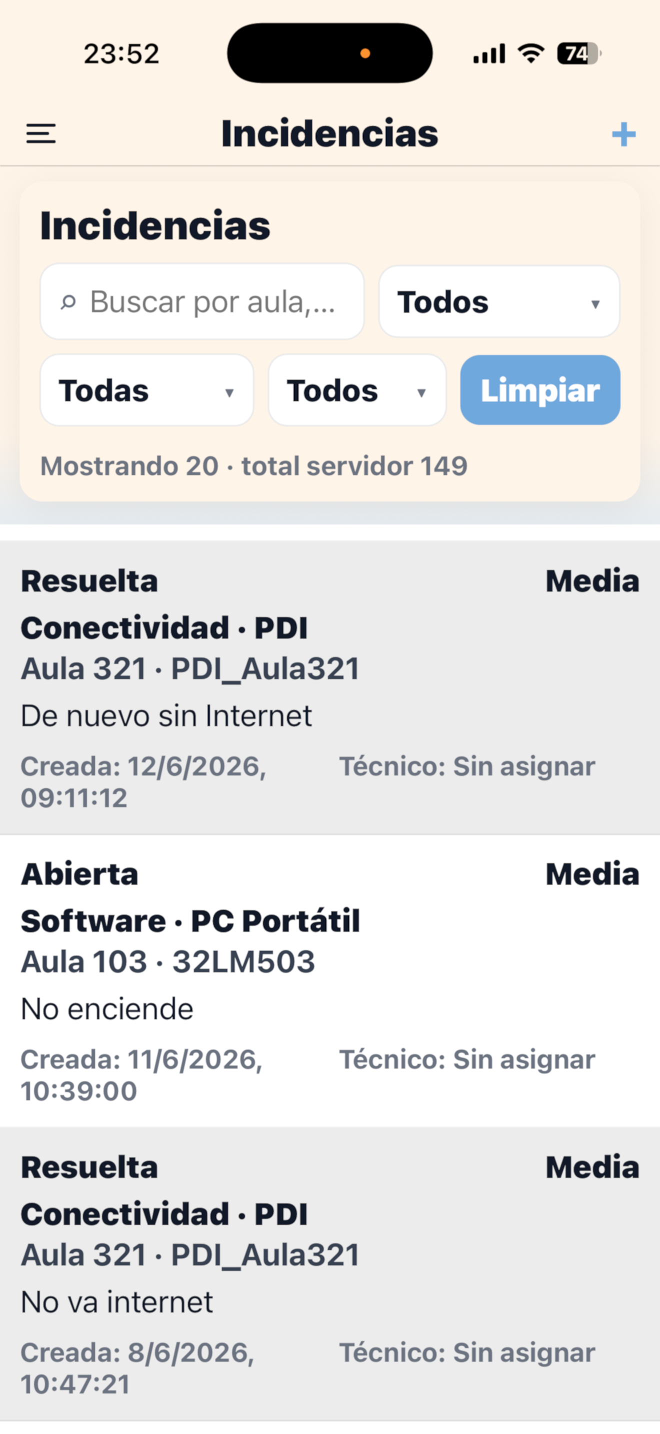 Listado de incidencias en la app movil de noFunciona