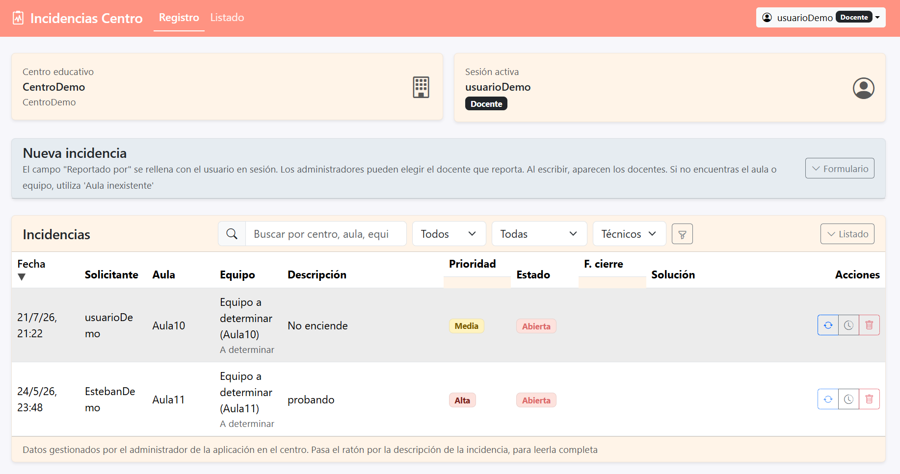 Listado de incidencias en la web de noFunciona